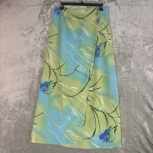 VTG Y2K Abstract Tropical Maxi Skirt Size L Turquoise Lime Blue Floral Faux Wrap